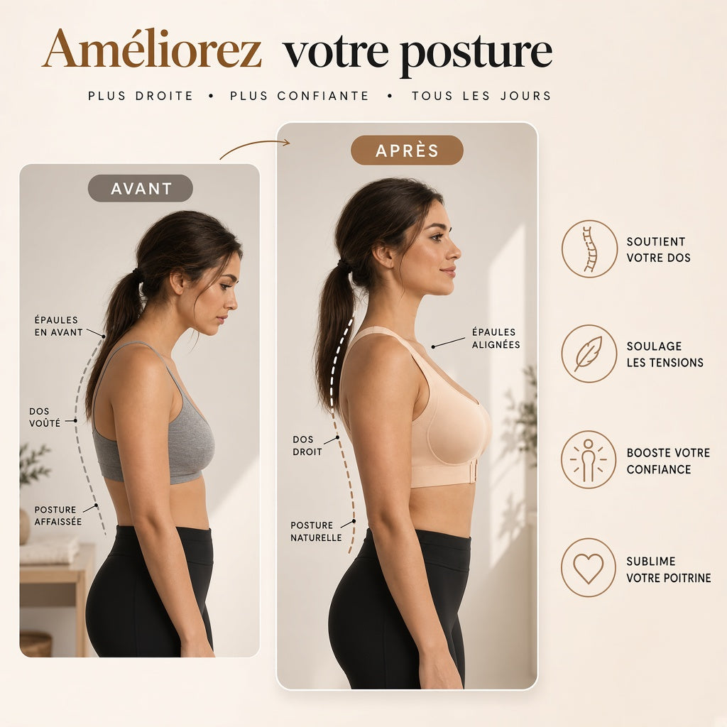Améliorez votre posture avec la brassière Foyrane : avant/après, épaules alignées, dos droit