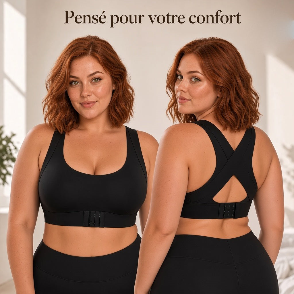 Brassière Foyrane noire, vue de face et de dos, dos croisé en X et fermeture avant