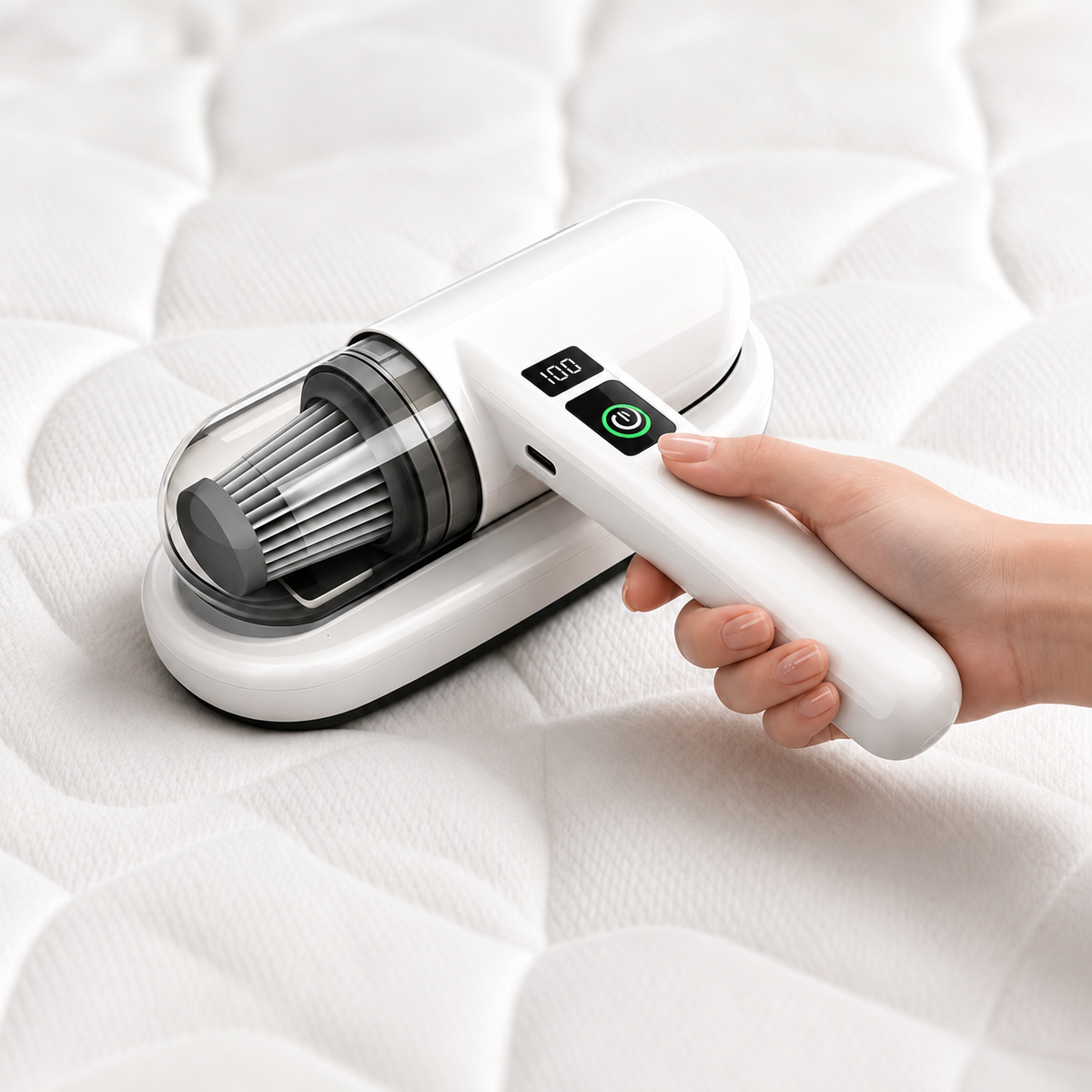 Main passant l'aspirateur Foyrane Pure sur un matelas blanc matelassé
